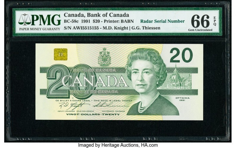 Radar Serial Number Canada Bank of Canada $20 1991 BC-58c PMG Gem Uncirculated 6...