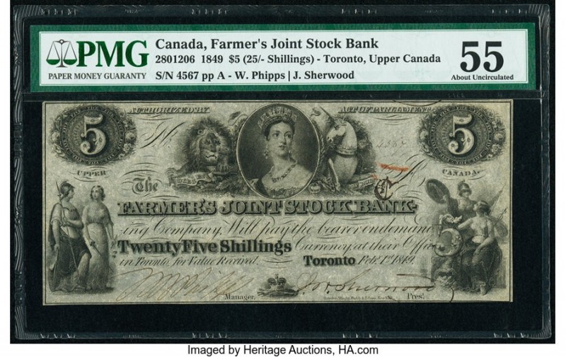 Canada Toronto, UC- Farmer's Joint Stock Banking Co. $5 (25s) 1.2.1849 Pick S176...