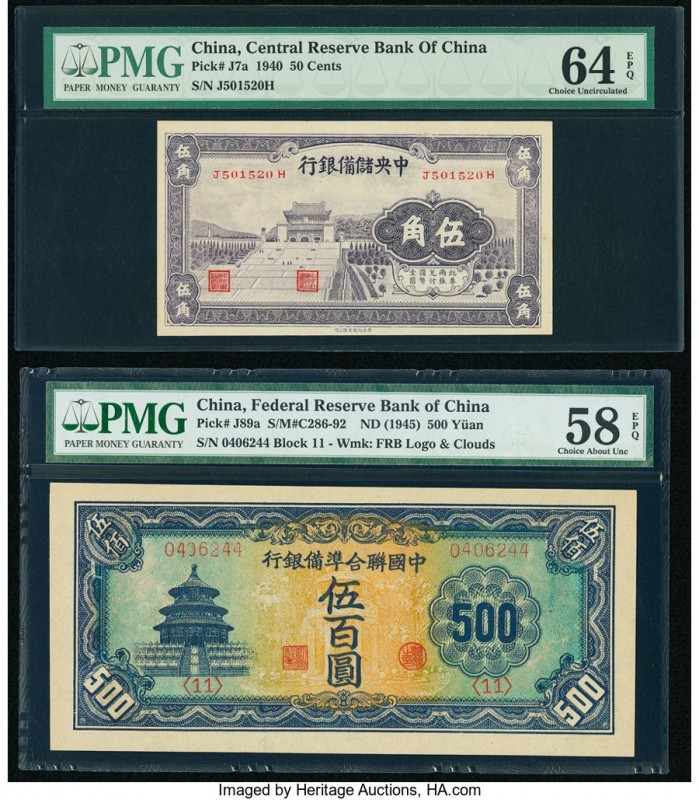 China Central Reserve Bank of China 50 Cents = 5 Chiao; 500 Yuan 1940; ND (1945)...