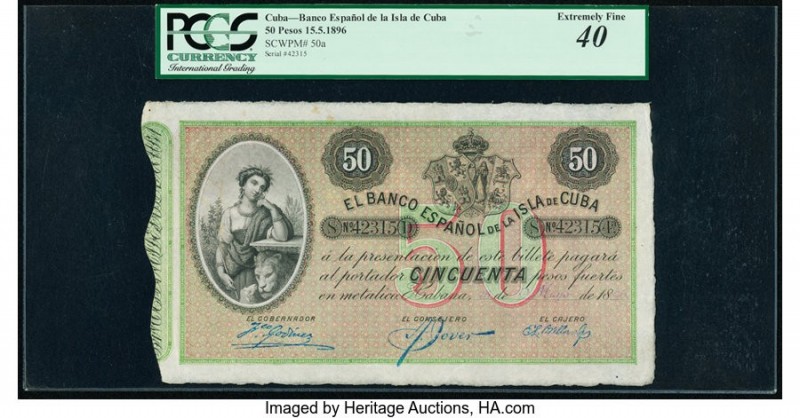 Cuba Banco Espanol De La Isla De Cuba 50 Pesos 15.5.1896 Pick 50a PCGS Extremely...