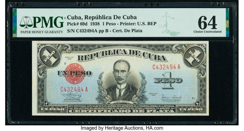 Cuba Republica de Cuba 1 Peso 1938 Pick 69d PMG Choice Uncirculated 64. 

HID098...