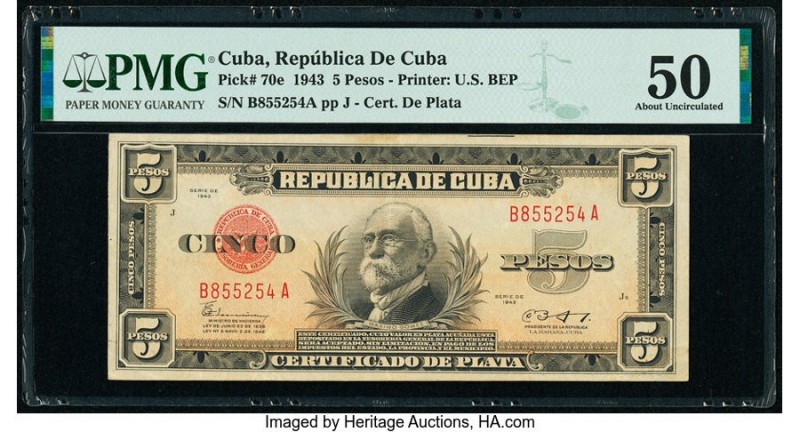Cuba Republica de Cuba 5 Pesos 1943 Pick 70e PMG About Uncirculated 50. 

HID098...