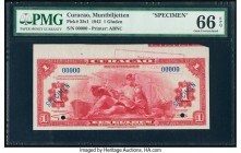 Curacao Muntbiljetten 1 Gulden 1942 Pick 35s1 Specimen PMG Gem Uncirculated 66 EPQ. Note unaffected by issues in selvage; two POCs; blue Specimen over...