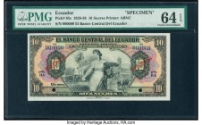 Ecuador Banco Central del Ecuador 10 Sucres 1928-38 Pick 85s Specimen PMG Choice Uncirculated 64 EPQ. Red Specimen overprints; two POCs.

HID098012420...
