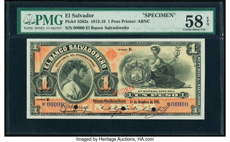 El Salvador Banco Salvadoreno 1 Peso 1.10.1915 Pick S202s Specimen PMG Choice Ab...