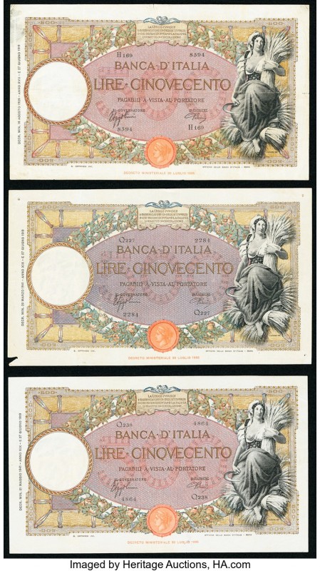 Italy Banca d'Italia Group Lot of 3 500 Lire Examples from 1939 to 1941 Very Fin...