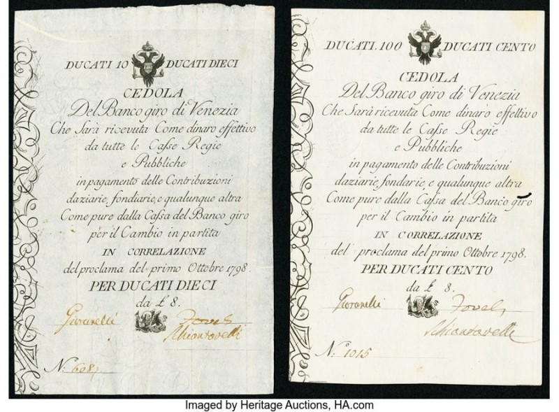 Italy Italian States Banco Giro di Venezia 10; 100 Ducati 1.10.1798 Pick S181; S...