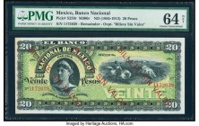 Mexico Banco Nacional de Mexico 20 Pesos ND (1885-1913) Pick S259r M300r Remainder PMG Choice Uncirculated 64 Net. Red overprints; previously mounted....