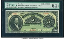 Mexico Banco de Guanajuato 5 Pesos ND (1900-14) Pick S289s M350s Specimen PMG Choice Uncirculated 64 EPQ. red Specimen overprint; two POCs.

HID098012...