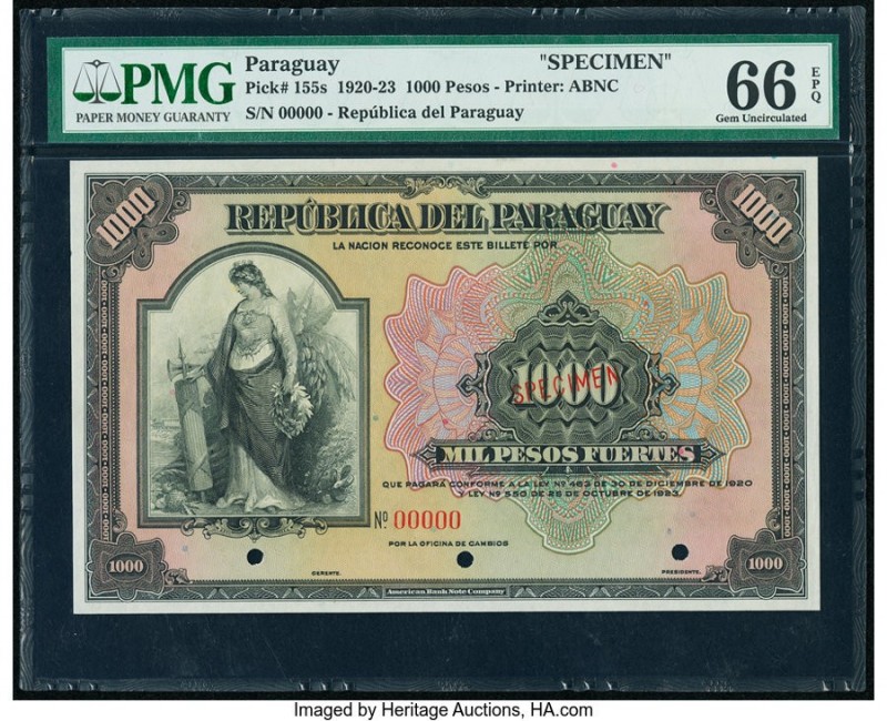 Paraguay Republica del Paraguay 1000 Pesos 30.12.1920 Pick 155s Specimen PMG Gem...