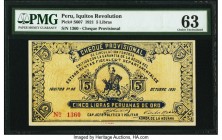 Peru Provisional Issue 5 Libras 1.10.1921 Pick S607 PMG Choice Uncirculated 63. Small hole.

HID09801242017

© 2020 Heritage Auctions | All Rights Res...