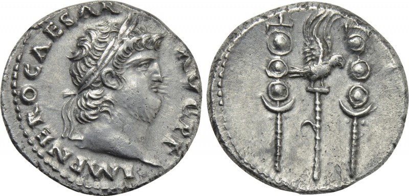 NERO (54-68). Denarius. Rome.

Obv: IMP NERO CAESAR AVG P P.
Laureate head ri...
