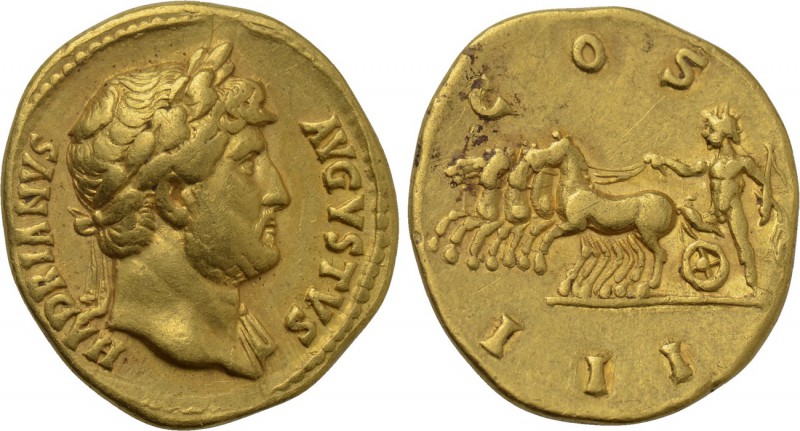 HADRIAN (117-138). GOLD Aureus. Rome.

Obv: HADRIANVS AVGVSTVS.
Laureate bust...