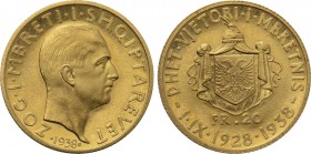 ALBANIA. Zog I (1928-1939). GOLD 20 Franga Ari (1938-R). Rome. Commemorating the 10th Anniversary of the Reign.