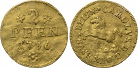 GERMANY. Braunschweig & Lüneburg. Braunschweig-Wolfenbüttel. Karl I (1735-1780). GOLD 2 Pfennige or 1/4 Ducat (1736).