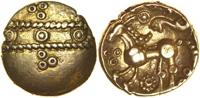 Selsey Tramlines. Sills dies 1/1. c.55-45 BC. Gold quarter stater. 11mm. 1.17g. ...