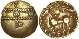 Selsey Tramlines. Sills dies 1/1. c.55-45 BC. Gold quarter stater. 11mm. 1.17g. Two parallel corded lines with three ringed-pellets between and triad ...