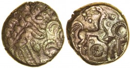 Cheesefoot Head. Sills Hampshire British Q Derivative, dies 1r/3. c.55-45 BC. Gold stater. 16mm. 4.66g. Wreath motif with two hidden faces./ Triple-ta...