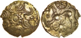 Danebury Scrolls Left. Sills dies 2/3. c.60-50 BC. Gold quarter stater. 13mm. 1.19g. Eight scrolls around central pellet in cogwheel./ Horse left, spo...