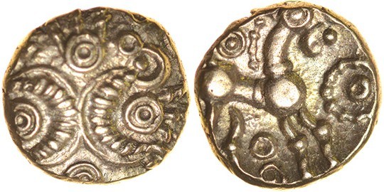 Corded Crescents. c.55-45 BC. Gold quarter stater. 9mm. 1.03g. Two snakelike cor...