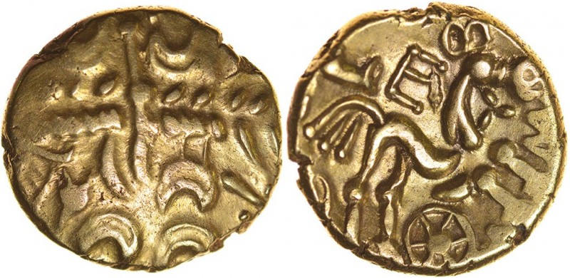 Commios E-Type. Sills class 2, dies 18/29. c.50-40 BC. Gold stater. 15-17mm. 5.5...