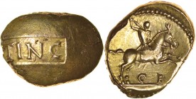 Tincomarus Warrior. Pteruges and Antlers Type. Sills class 3, Classical Warrior. c.25BC-AD10. Gold stater. 13-17mm. 5.25g. TINC in incuse tablet on pl...