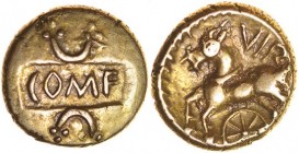 Verica Selsey Crescents. Sills class 1, dies 1/1. c.AD10-40. Gold quarter stater. 9mm. 1.17g. COM.F in tablet, crescent above and below with pellet tr...