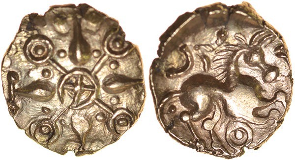Gisleham Glory. Talbot Saham Toney Quarter Stater, dies A/1. c.40-20 BC. Gold qu...