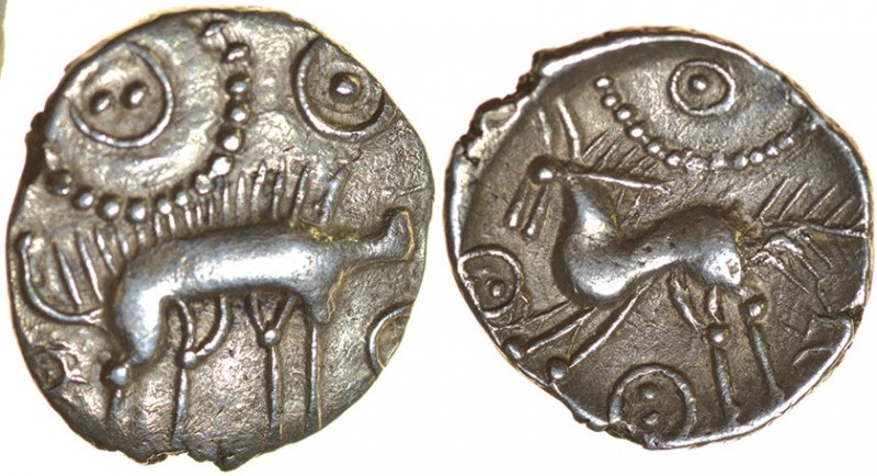 Spilsby Stag. Rich Type 12a. c.55-45 BC. Silver unit. 13-15mm. 0.90g. Boar right...