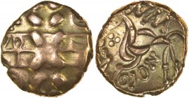 Volisios Dumnocoveros. c.AD35-40. Gold stater. 19mm. 5.27g. VOLI SIOS in two lines crossed by vertical wreath of brick-like leaves facing inwards./ Lu...
