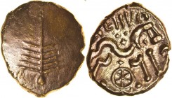 Eisu Tree. c.AD 20-43? Gold stater. 16-20mm. 5.24g. Spiky tree symbol on plain field./ Disjointed horse right with ‘safety pin’ head, EISV and triad o...