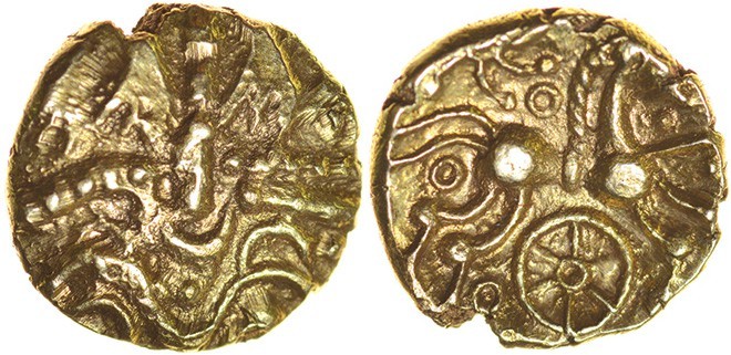 Savernake Wheel. c.30-1 BC. Gold quarter stater. 11mm. 1.22g. Wreath motif./ Bel...