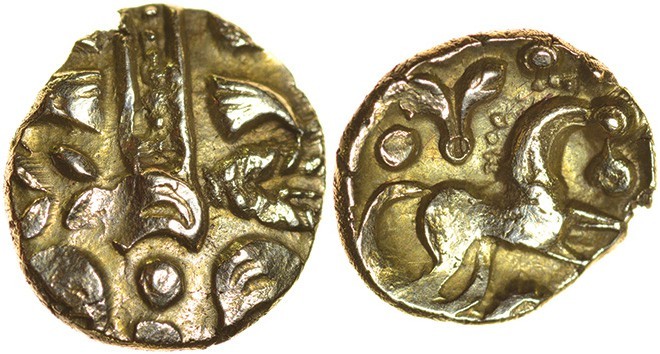Harlow Flyer. Sills British Lb2, class 1, dies 2/2. c.55-45 BC. Gold quarter sta...