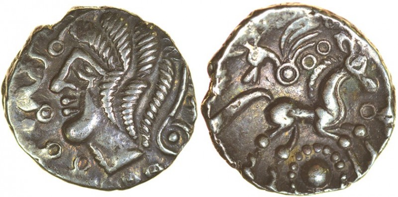 Whaddon Bird. c.55-45 BC. Silver unit. 14mm. 1.39g. Head left with coiled hair, ...