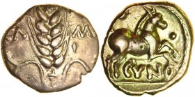 Cunobelinus (Agr?) No Branch Type. Sills class 4, dies 41/74. c.AD 8-41. Gold stater. 17-19mm. 5.33g. Ear of barley with long tendrils and cross at ba...