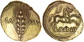 Cunobelinus Classic A. C-Dot Spiky-Line Type. Sills class 7c, Classic A, Arc Stem, dies 82/139. c.AD 8-41. Gold stater. 18mm. 5.49g. Ear of barley wit...