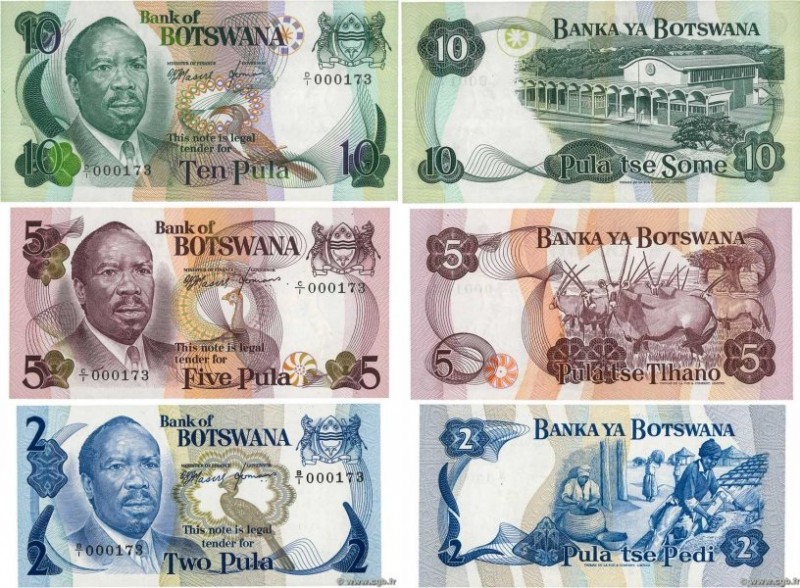 Country : BOTSWANA (REPUBLIC OF) 
Face Value : 2, 5 et 10 Pula Petit numéro 
Dat...