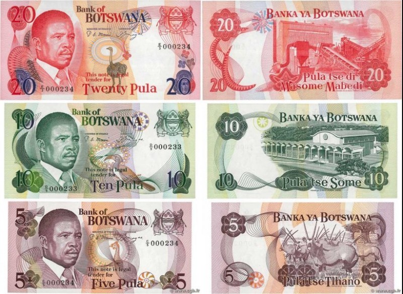 Country : BOTSWANA (REPUBLIC OF) 
Face Value : 5, 10 et 20 Pula Petit numéro 
Da...