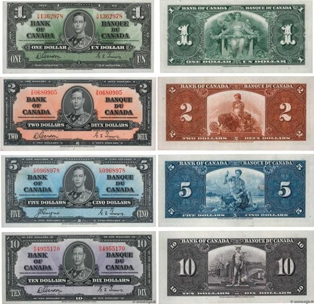 Country : CANADA 
Face Value : 1, 2, 5 et 10 Dollars Lot 
Date : 02 janvier 1937...