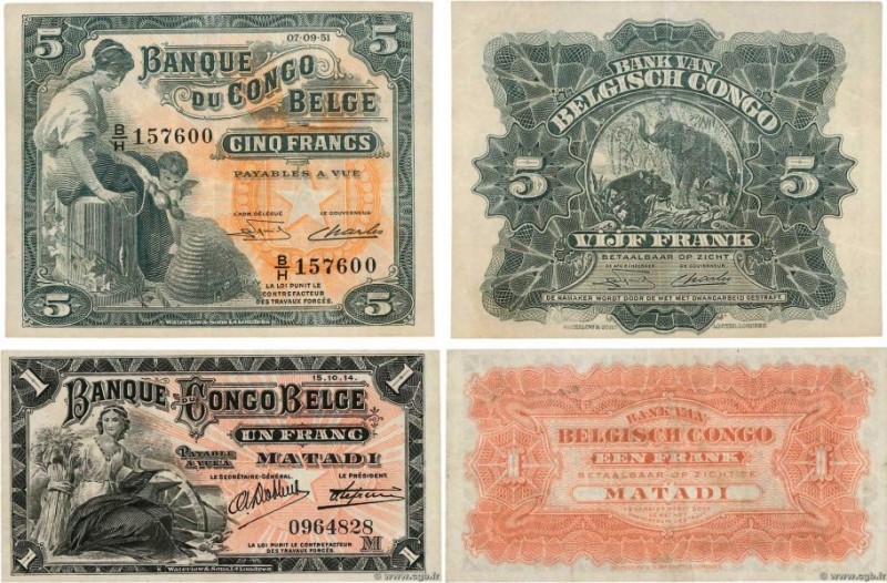 Country : BELGIAN CONGO 
Face Value : 1 et 5 Francs Lot 
Date : 1914-1951 
Perio...