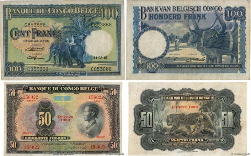 Country : BELGIAN CONGO 
Face Value : 50 et 100 Francs Lot 
Date : 1946-1950 
Pe...
