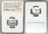 CALABRIA. Tarentum. Ca. early 3rd century BC. AR stater or didrachm (23mm, 7.79 gm, 5h). NGC MS 3/5 - 3/5. Ca. 302-280 BC. Nicottas, Ey- and Ly-, magi...