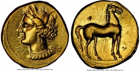 ZEUGITANA. Carthage. Ca. 350-320 BC. AV stater (18mm, 9.49 gm, 4h). NGC Choice AU 5/5 - 4/5. Bust of Tanit left, hair wreathed with barley ears, weari...