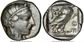 ATTICA. Athens. Ca. 455-440 BC. AR tetradrachm (24mm, 17.13 gm, 6h). NGC XF 5/5 - 5/5. Early transitional issue. Head of Athena right, wearing crested...