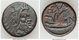 CIMMERIAN BOSPORUS. Panticapaeum. 4th century BC. AE (22mm, 8.49 gm, 11h). Choice VF. Head of bearded Pan right / Π-A-N, forepart of griffin left, stu...