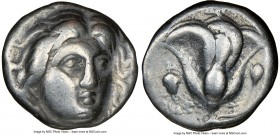 CARIAN ISLANDS. Rhodes. Ca. 305-275 BC. AR didrachm (18mm, 1h). NGC Fine. Head of Helios facing, turned slightly right, hair parted in center and swep...