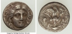 CARIAN ISLANDS. Rhodes. Ca. 305-275 BC. AR hemidrachm (11mm, 1.61 gm, 12h). XF, porosity. Facing head of Helios, turned slightly right / POΔION, rose ...