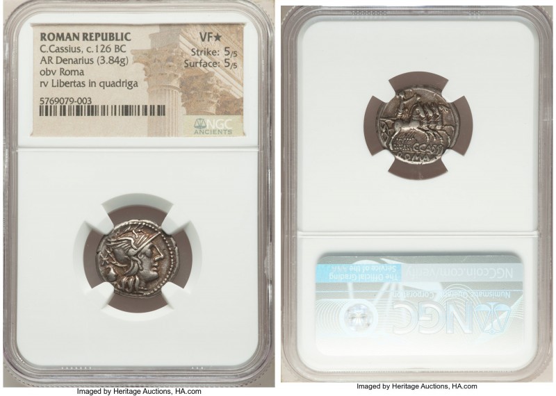 C. Cassius (ca. 126 BC). AR denarius (18mm, 3.84 gm, 6h). NGC VF S 5/5 - 5/5. Ro...