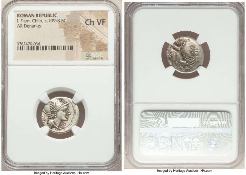 L. Flaminius Chilo (ca. 109-108 BC). AR denarius (19mm, 3h). NGC Choice VF. Rome...