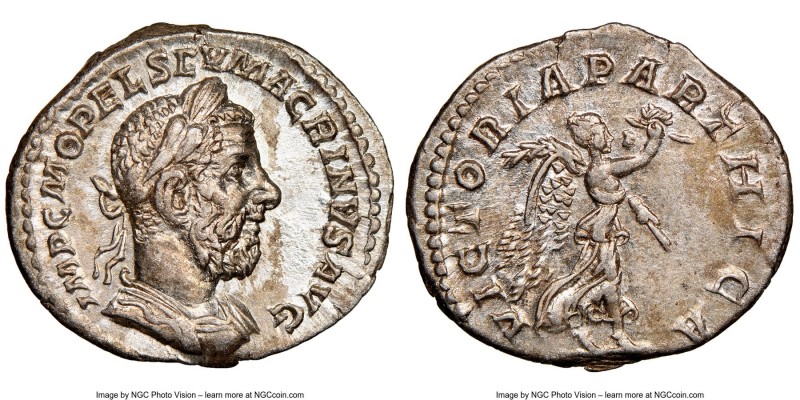 Macrinus (AD 217-218). AR denarius (20mm, 3.18 gm, 12h). NGC Choice AU 5/5 - 3/5...